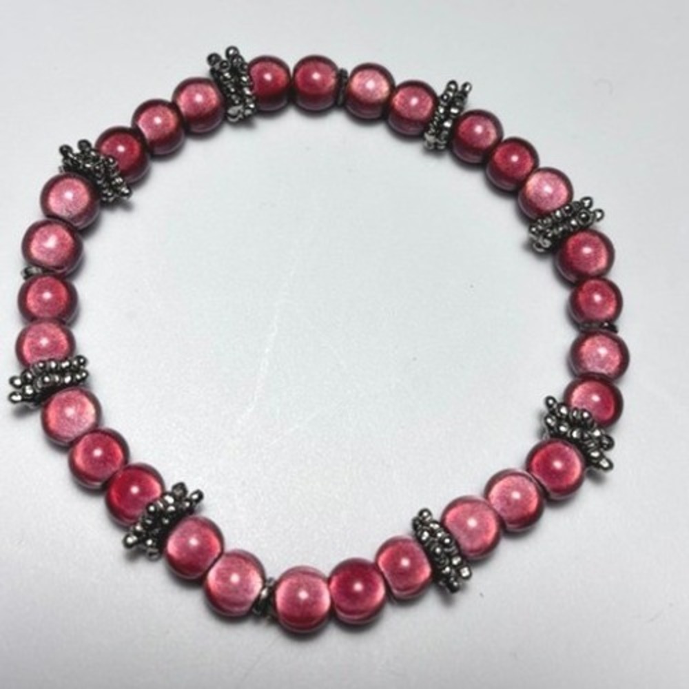 Vintage Burgundy Metallic Beaded Stretch Bracelet Silver Tone Spacer Accents